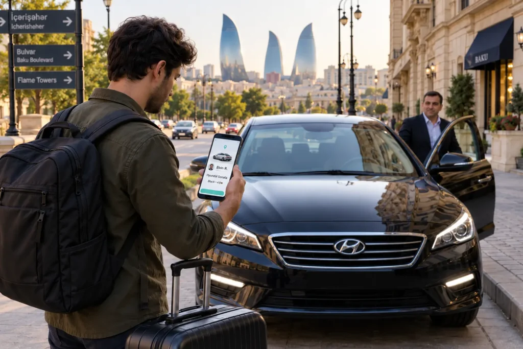 Passenger checking vehicle details on an Azerbaijan taxi app before a ride in Baku