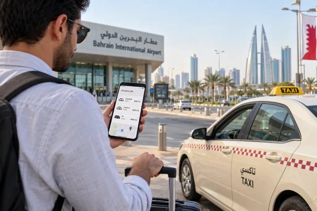 Best Taxi Apps in Bahrain traveller comparing ride and taxi options at Bahrain International Airport