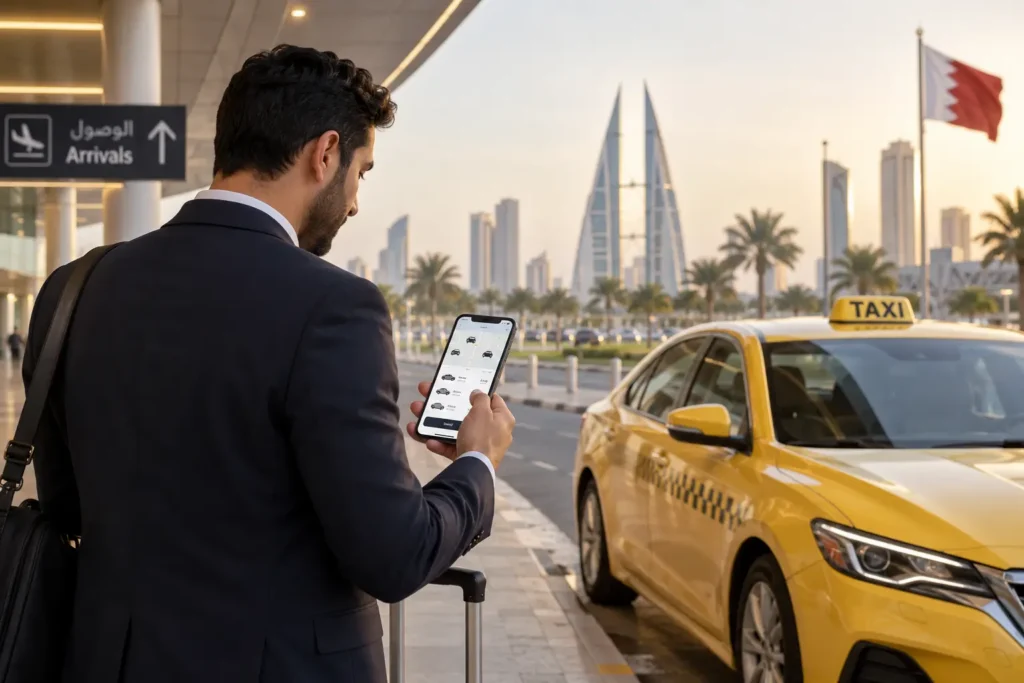 Best Taxi Apps in Bahrain traveller comparing taxi and ride-hailing options at Bahrain International Airport