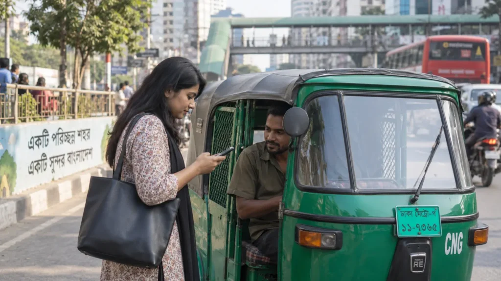 Passenger using a mobile app to book a CNG ride in Bangladesh