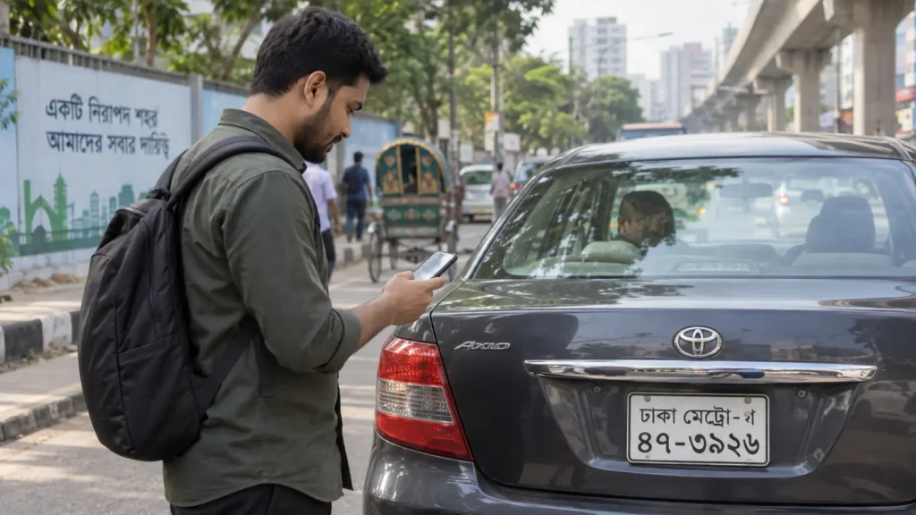 Passenger checking vehicle details before starting a ride in Bangladesh