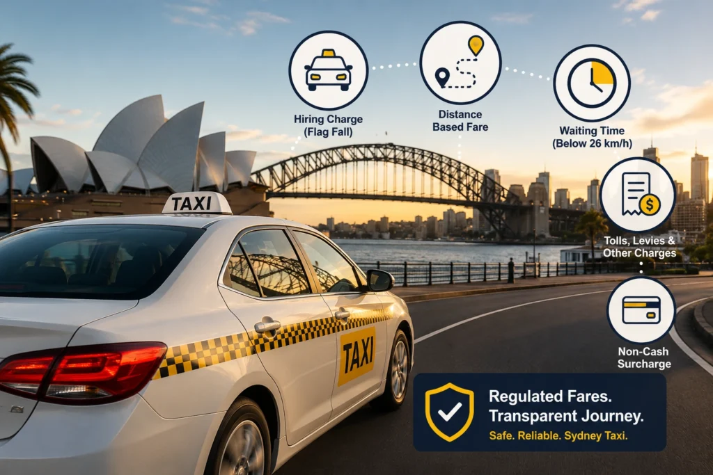 Taxi fare calculator showing Sydney taxi rates, charges and fare rules