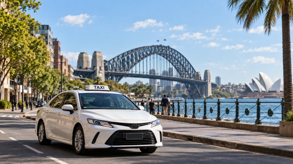 Taxi services in Sydney, Australia near Sydney Harbour Bridge and the Opera House