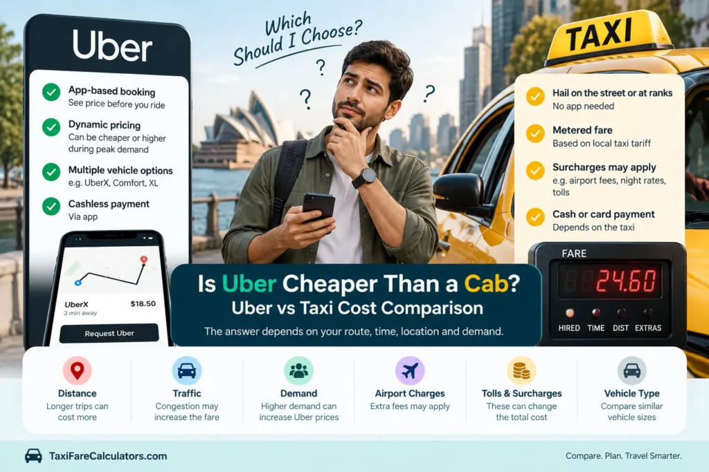 Passenger comparing Uber and taxi options on a phone before choosing a ride